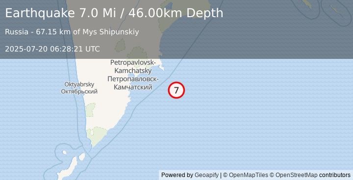 Earthquake 142 km ESE of Petropavlovsk-Kamchatsky, Russia (7.0 Mi) (2025-07-20 06:28:21 UTC)