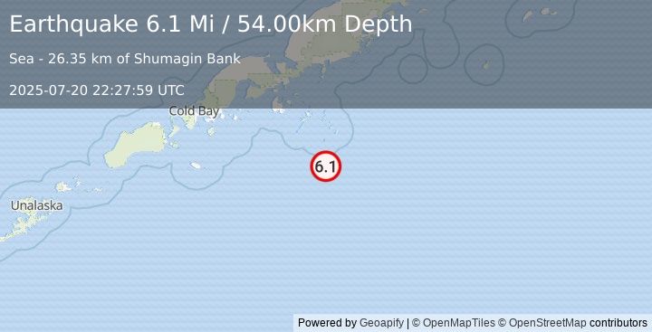 Earthquake 119 km SSE of Sand Point, Alaska (6.1 Mi) (2025-07-20 22:27:59 UTC)