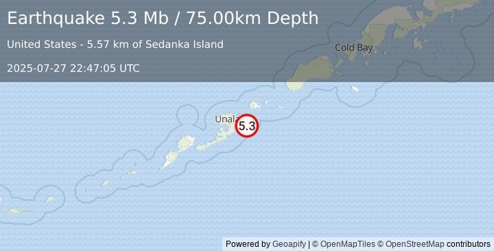 Earthquake 29 km ESE of Unalaska, Alaska (5.3 Mb) (2025-07-27 22:47:05 UTC)