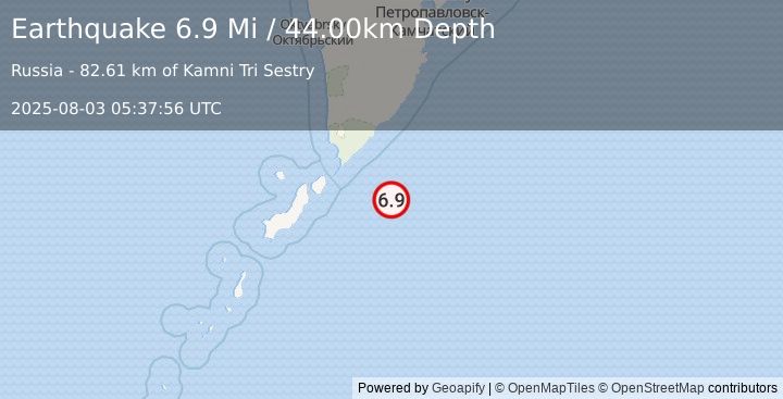 Earthquake 121 km E of Severo-Kuril’sk, Russia (6.9 Mi) (2025-08-03 05:37:56 UTC)