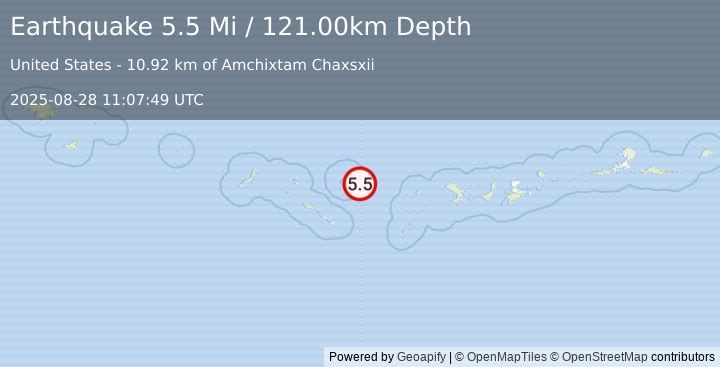 Earthquake 235 km W of Adak, Alaska (5.5 Mi) (2025-08-28 11:07:49 UTC)