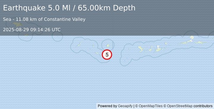 Earthquake 264 km W of Adak, Alaska (5.0 Ml) (2025-08-29 09:14:26 UTC)