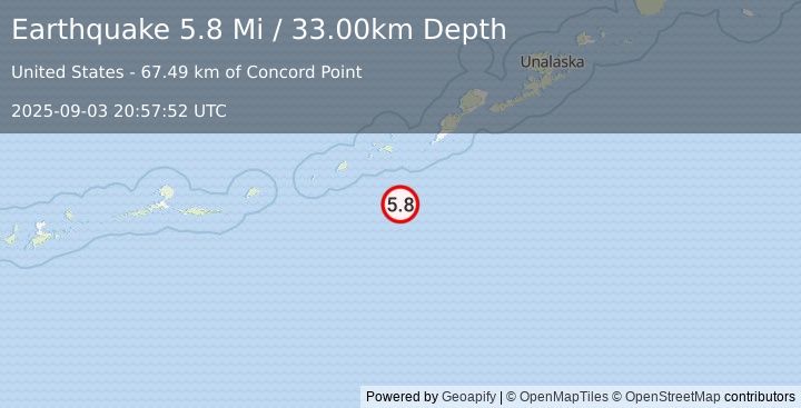Earthquake 96 km SSW of Nikolski, Alaska (5.8 Mi) (2025-09-03 20:57:52 UTC)