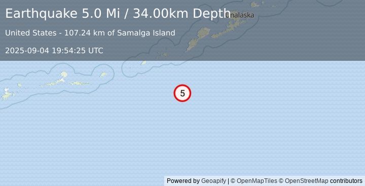 Earthquake 124 km S of Nikolski, Alaska (5.0 Mi) (2025-09-04 19:54:25 UTC)