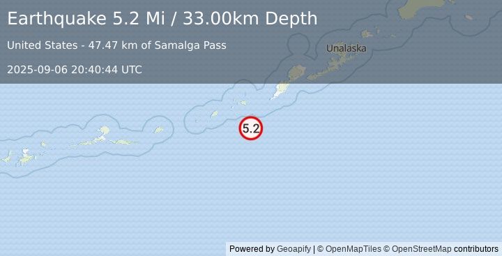 Earthquake 79 km SW of Nikolski, Alaska (5.2 Mi) (2025-09-06 20:40:44 UTC)