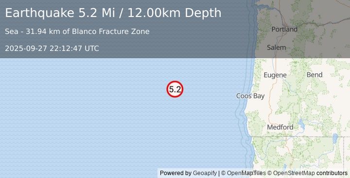 Earthquake 265 km W of Bandon, Oregon (5.2 Mi) (2025-09-27 22:12:47 UTC)