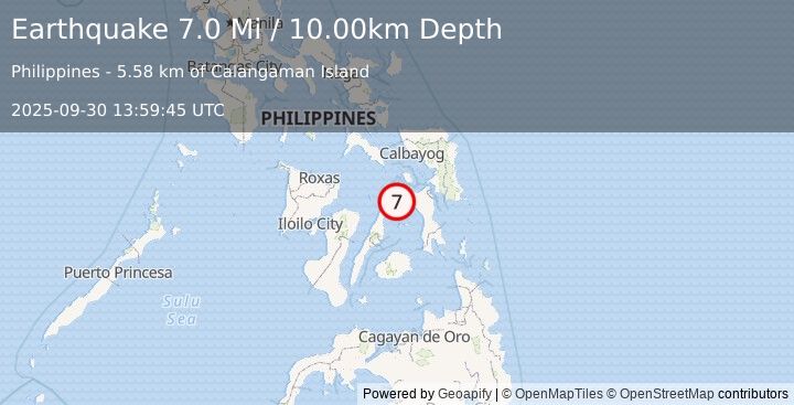 Earthquake 10 km WNW of Palompon, Philippines (7.0 Mi) (2025-09-30 13:59:45 UTC)