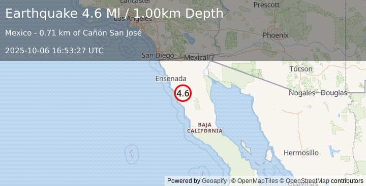 Earthquake 16 km E of San Vicente, Mexico (4.6 Ml) (2025-10-06 16:53:27 UTC)