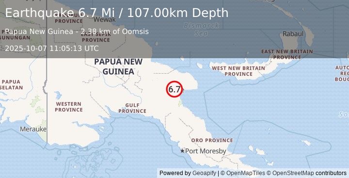Earthquake 21 km W of Lae, Papua New Guinea (6.7 Mi) (2025-10-07 11:05:13 UTC)