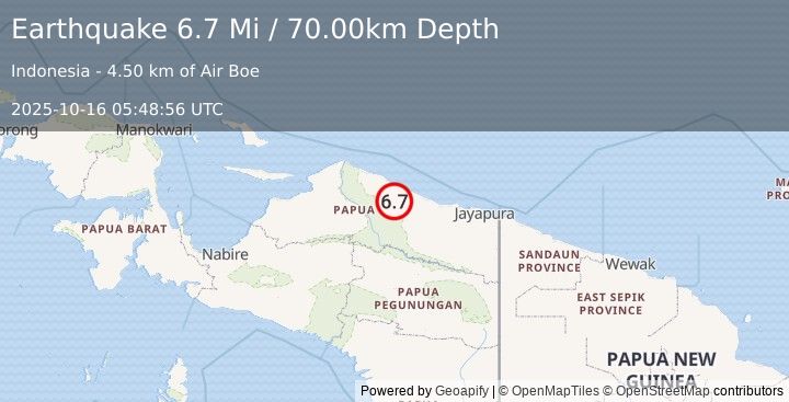 Earthquake 195 km W of Abepura, Indonesia (6.7 Mi) (2025-10-16 05:48:56 UTC)