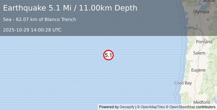 Earthquake off the coast of Oregon (5.1 Mi) (2025-10-29 14:00:28 UTC)