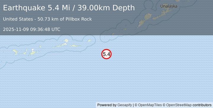 Earthquake 208 km SW of Nikolski, Alaska (5.4 Mi) (2025-11-09 09:36:48 UTC)