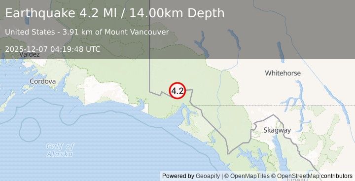 Earthquake 87 km N of Yakutat, Alaska (4.2 Ml) (2025-12-07 04:19:48 UTC)