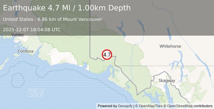 Earthquake 96 km N of Yakutat, Alaska (4.7 Ml) (2025-12-07 18:04:08 UTC)