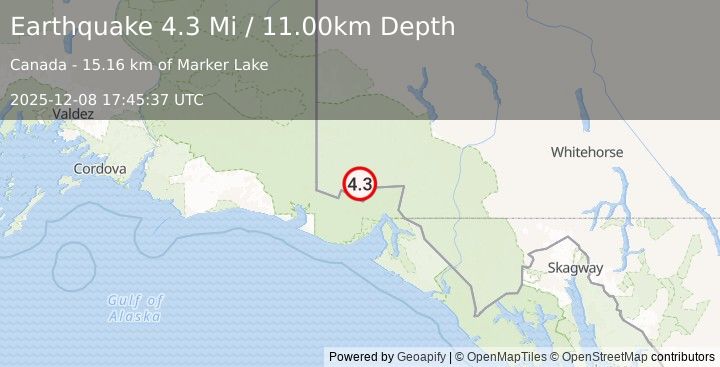 Earthquake 94 km N of Yakutat, Alaska (4.3 Mi) (2025-12-08 17:45:37 UTC)