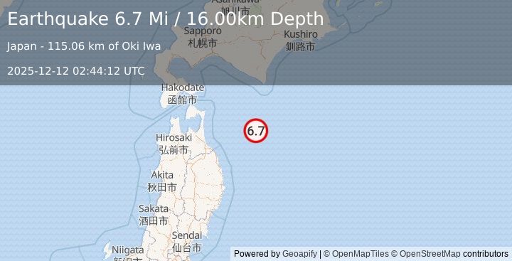 Earthquake 130 km NE of Kuji, Japan (6.7 Mi) (2025-12-12 02:44:12 UTC)
