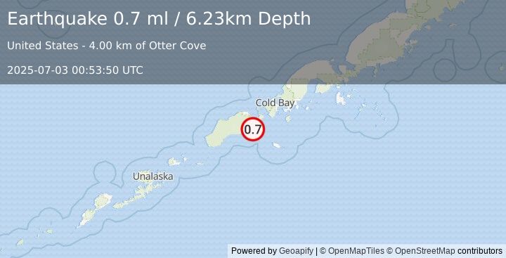 Earthquake 13 km S of False Pass, Alaska (0.7 ml) (2025-07-03 00:53:50 UTC)