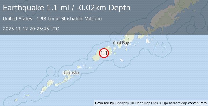 Earthquake 39 km WSW of False Pass, Alaska (1.1 ml) (2025-11-12 20:25:45 UTC)
