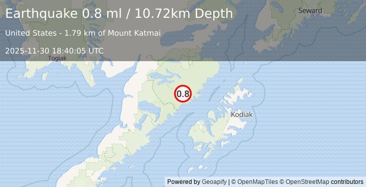Earthquake 82 km NNW of Karluk, Alaska (0.8 ml) (2025-11-30 18:40:05 UTC)