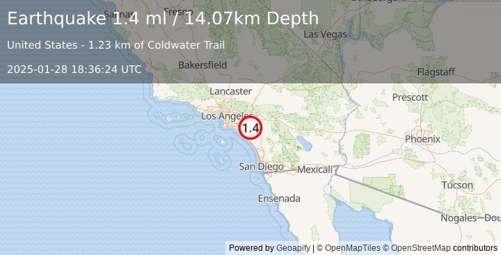 Earthquake 4 km NNW of Lake Elsinore, CA (1.2 ml) (2025-01-28 18:36:26 UTC)