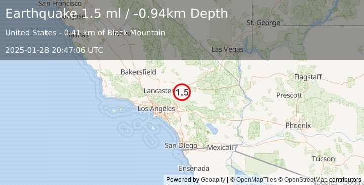 Earthquake 15 km NNE of Apple Valley, CA (1.5 ml) (2025-01-28 20:47:06 UTC)