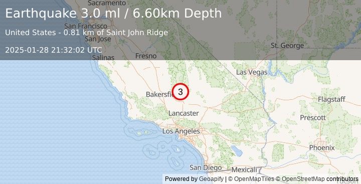 Earthquake 25 km SE of Bodfish, CA (3.0 ml) (2025-01-28 21:32:02 UTC)