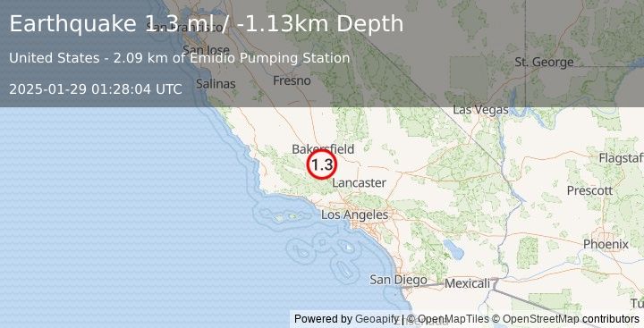 Earthquake 17 km NW of Grapevine, CA (1.4 ml) (2025-01-29 01:28:05 UTC)