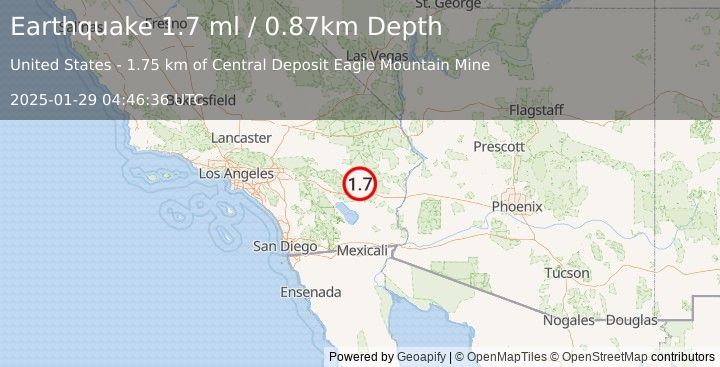 Earthquake 20 km NW of Desert Center, CA (1.7 ml) (2025-01-29 04:46:36 UTC)