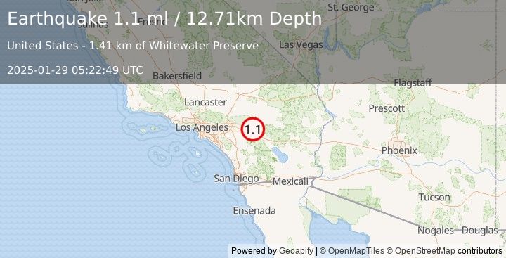 Earthquake 8 km SW of Morongo Valley, CA (1.1 ml) (2025-01-29 05:22:49 UTC)