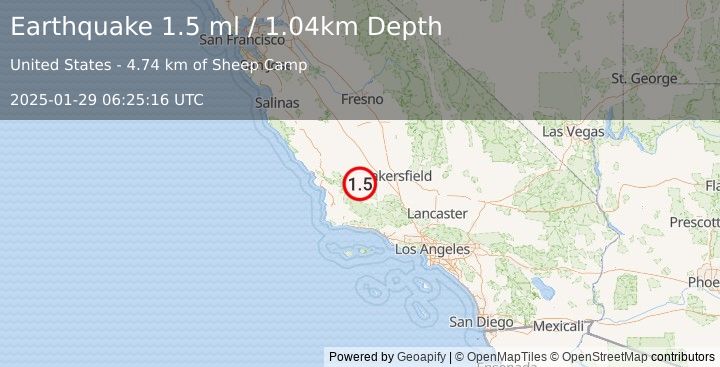 Earthquake 20 km SE of Simmler, CA (1.5 ml) (2025-01-29 06:25:16 UTC)