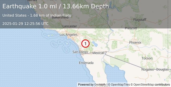 Earthquake 10 km NNW of Warner Springs, CA (1.0 ml) (2025-01-29 12:25:56 UTC)