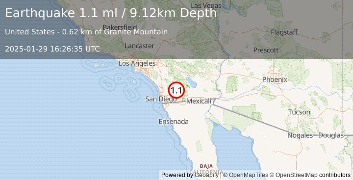 Earthquake 12 km ESE of Julian, CA (1.1 ml) (2025-01-29 16:26:35 UTC)