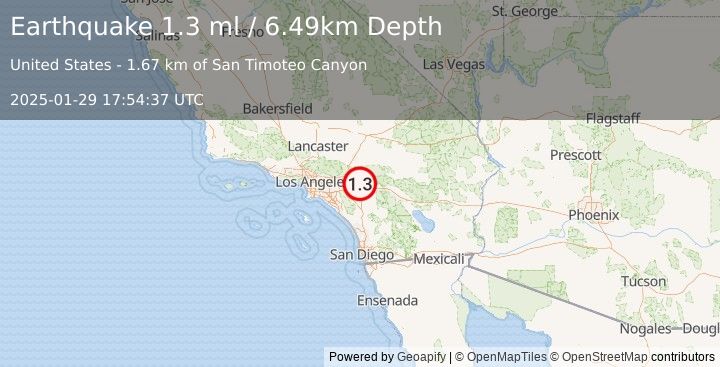 Earthquake 5 km SSW of Redlands, CA (1.3 ml) (2025-01-29 17:54:37 UTC)