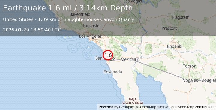 Earthquake 6 km NNW of Lakeside, CA (1.6 ml) (2025-01-29 18:59:40 UTC)