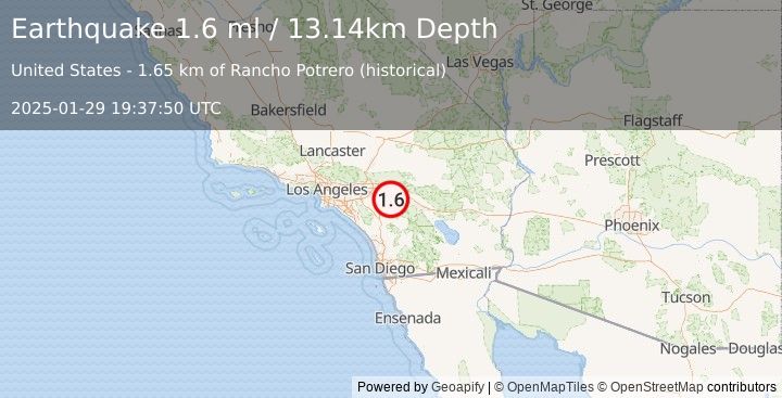 Earthquake 6 km SSE of Beaumont, CA (1.6 ml) (2025-01-29 19:37:50 UTC)