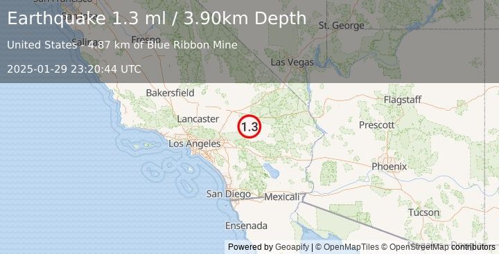 Earthquake 40 km NE of Big Bear City, CA (1.3 ml) (2025-01-29 23:20:44 UTC)