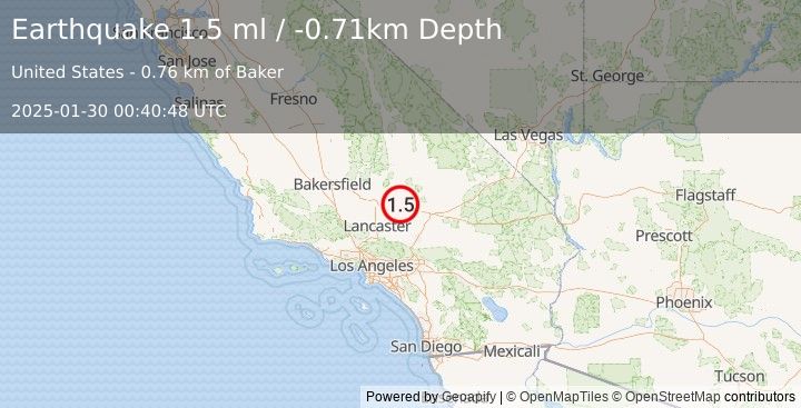 Earthquake 6 km NNW of Boron, CA (1.5 ml) (2025-01-30 00:40:48 UTC)