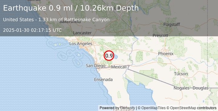 Earthquake 18 km SSW of Oasis, CA (0.9 ml) (2025-01-30 02:17:15 UTC)