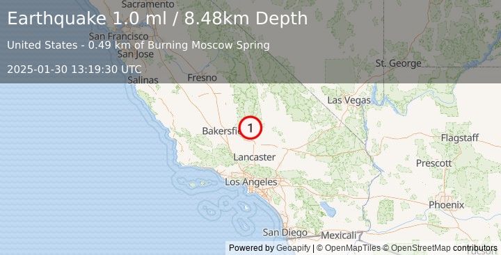 Earthquake 26 km SE of Bodfish, CA (1.0 ml) (2025-01-30 13:19:30 UTC)