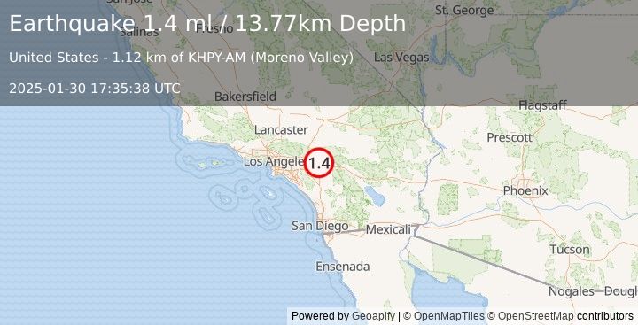 Earthquake 4 km SSW of Redlands, CA (1.4 ml) (2025-01-30 17:35:38 UTC)