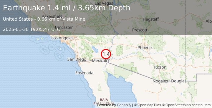 Earthquake 45 km NNW of Los Algodones, B.C., MX (1.4 ml) (2025-01-30 19:05:47 UTC)