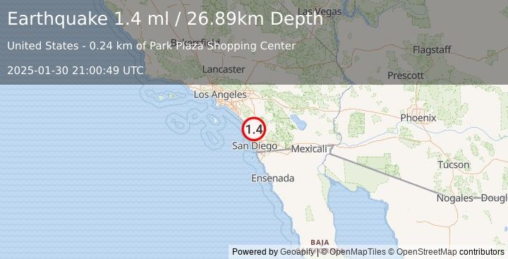 Earthquake 2 km WSW of San Marcos, CA (1.4 ml) (2025-01-30 21:00:49 UTC)