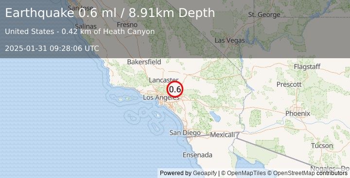 Earthquake 1 km E of Wrightwood, CA (0.6 ml) (2025-01-31 09:28:06 UTC)