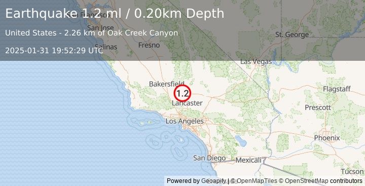 Earthquake 13 km SE of Tehachapi, CA (1.2 ml) (2025-01-31 19:52:28 UTC)