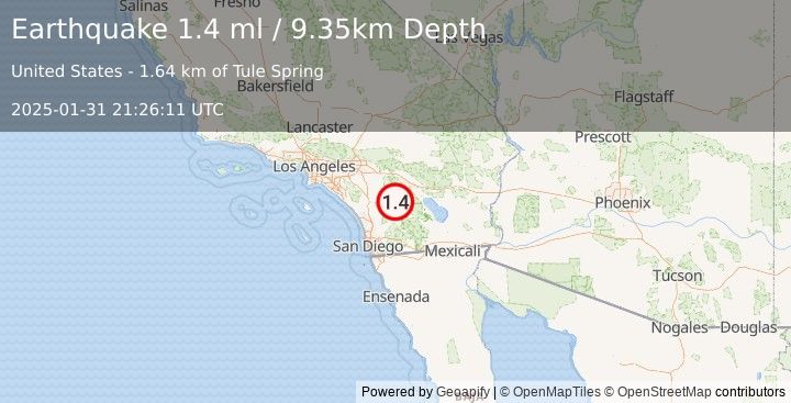 Earthquake 12 km SSE of Anza, CA (1.4 ml) (2025-01-31 21:26:11 UTC)