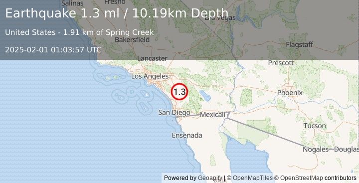 Earthquake 8 km NW of Aguanga, CA (1.3 ml) (2025-02-01 01:03:57 UTC)