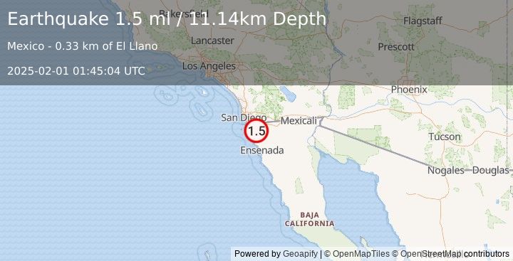 Earthquake 22 km NE of Primo Tapia, B.C., MX (1.5 ml) (2025-02-01 01:45:04 UTC)