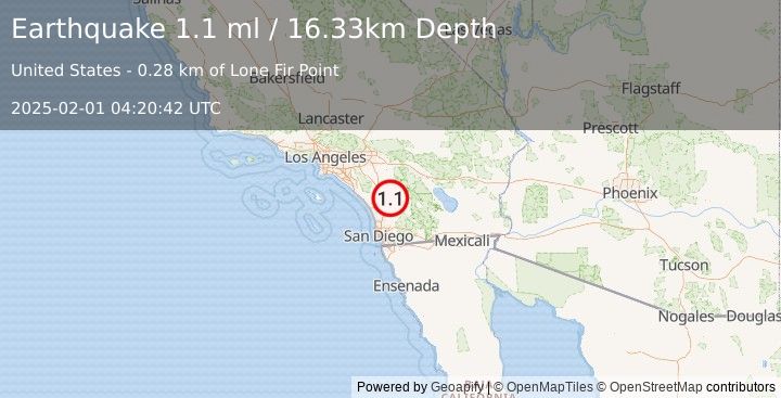 Earthquake 6 km WSW of Palomar Observatory, CA (1.1 ml) (2025-02-01 04:20:42 UTC)