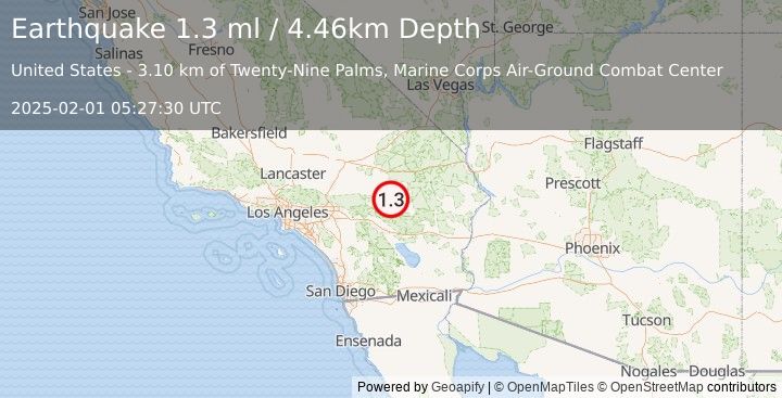 Earthquake 16 km NNW of Twentynine Palms, CA (1.3 ml) (2025-02-01 05:27:30 UTC)