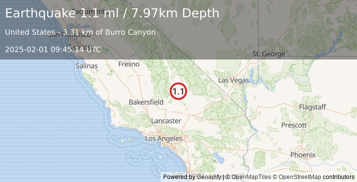 Earthquake 16 km W of Searles Valley, CA (1.1 ml) (2025-02-01 09:45:14 UTC)